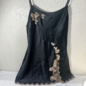 Vintage Black Satin Victoria Secret Lace Slip Dress Floral Trim Size S